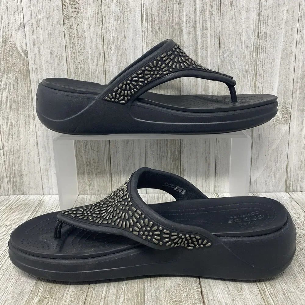 Crocs Sandals Womens 10  Flip Flops Wedge Dual Comfort Monterey Diamante Black - Picture 11 of 11